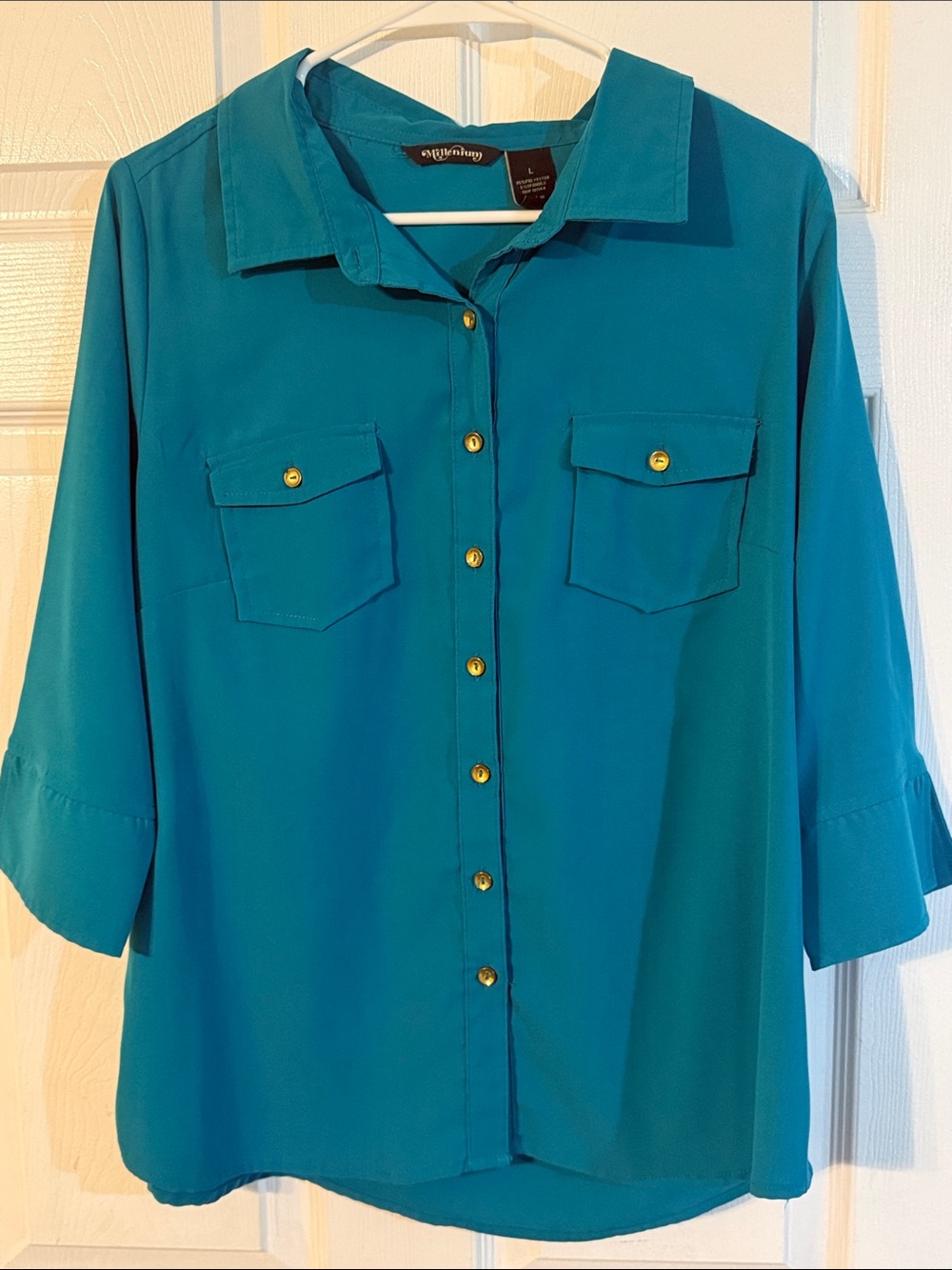 Millenium Teal Button-Front Shirt with Gold Buttons